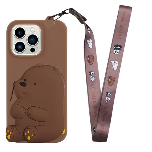 iPhone 14 Pro Silicone Wallet Phone Case with Lanyard - Brown Bear