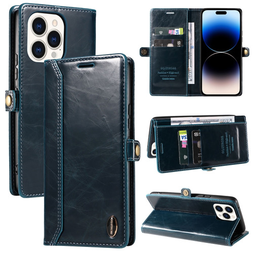 iPhone 14 Pro GQUTROBE RFID Blocking Oil Wax Leather Case - Blue