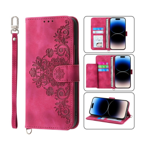iPhone 14 Pro Skin-feel Flowers Embossed Wallet Leather Phone Case - Wine Red