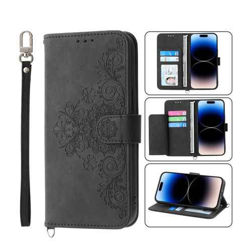 iPhone 14 Pro Skin-feel Flowers Embossed Wallet Leather Phone Case - Black