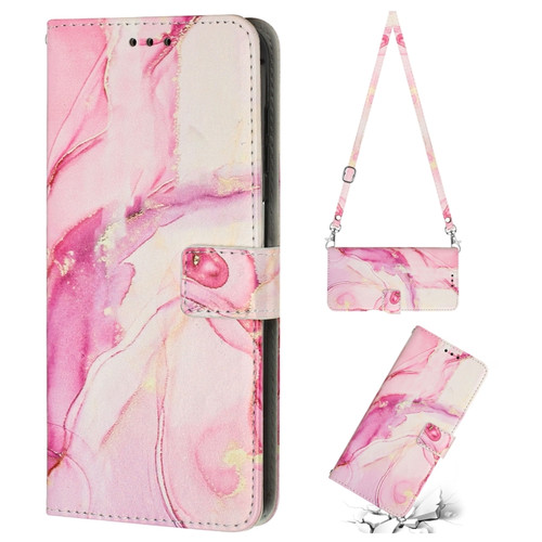 iPhone 14 Pro Crossbody Painted Marble Pattern Leather Phone Case - Rose Gold