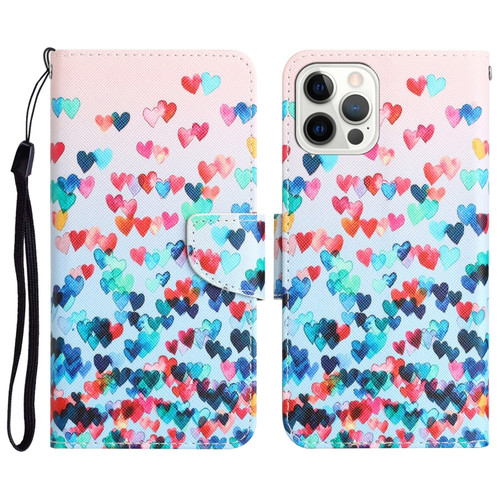 iPhone 14 Pro Colored Drawing Leather Phone Case - Heart