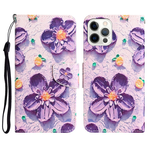 iPhone 14 Pro Colored Drawing Leather Phone Case - Purple Flower