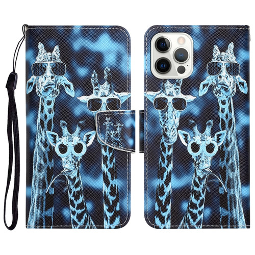 iPhone 14 Pro Colored Drawing Leather Phone Case - Giraffes