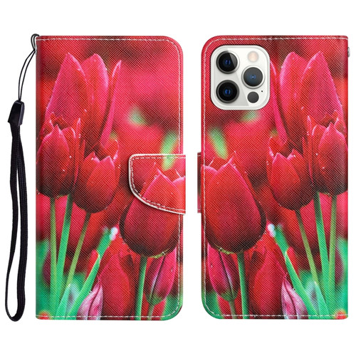 iPhone 14 Pro Colored Drawing Leather Phone Case - Tulips