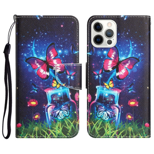 iPhone 14 Pro Colored Drawing Leather Phone Case - Bottle Butterfly