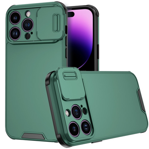 iPhone 14 Pro Sliding Camera Cover Design PC + TPU Phone Case - Dark Green