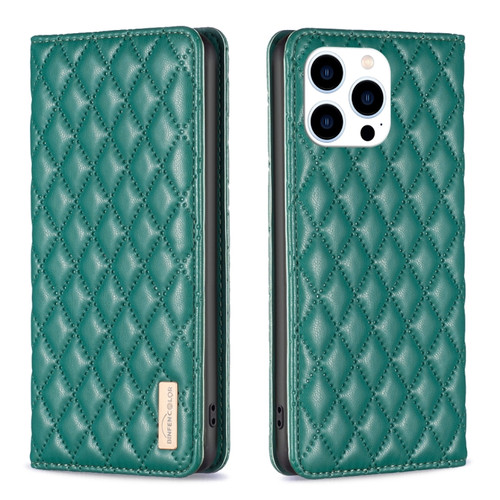 iPhone 14 Pro Diamond Lattice Magnetic Leather Flip Phone Case - Green
