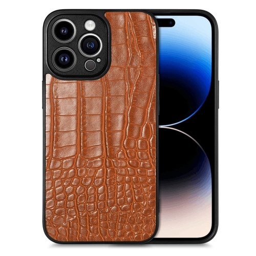 iPhone 14 Pro Crocodile Grain Leather Back Cover Phone Case - Brown