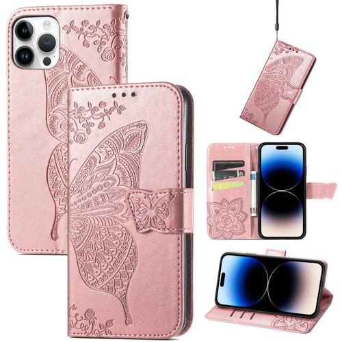 iPhone 14 Pro Butterfly Embossing Leather Case - Rose Gold
