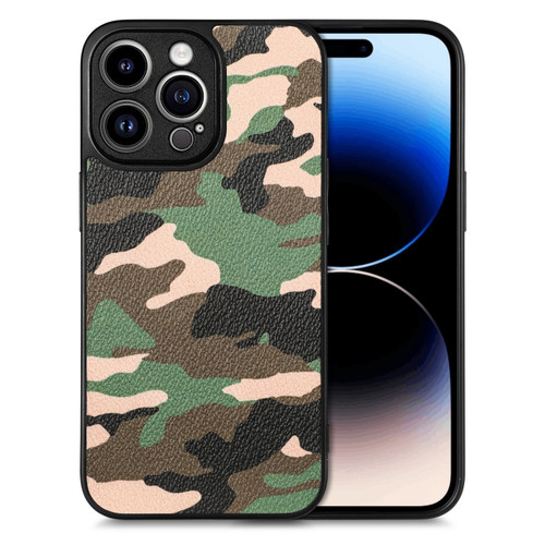 iPhone 14 Pro Camouflage Leather Back Cover Phone Case - Green