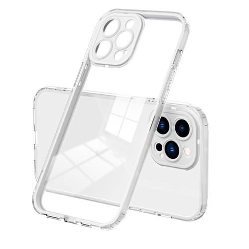 iPhone 14 Pro 3 in 1 Clear TPU Color PC Frame Phone Case - White