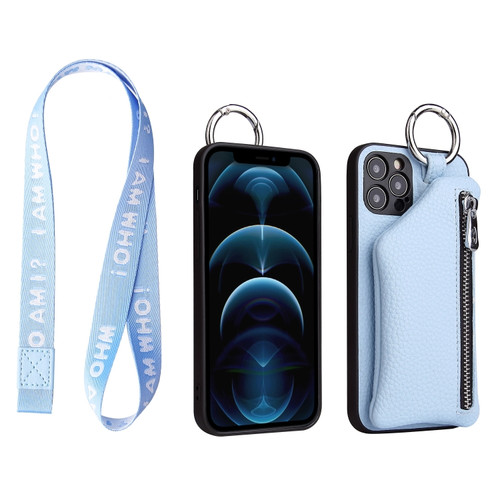 iPhone 14 Pro Detachable Zippered Coin Purse Phone Case with Lanyard - Blue