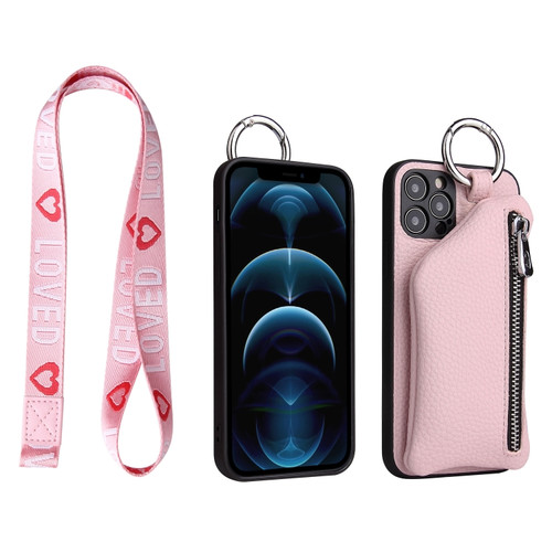 iPhone 14 Pro Detachable Zippered Coin Purse Phone Case with Lanyard - Pink