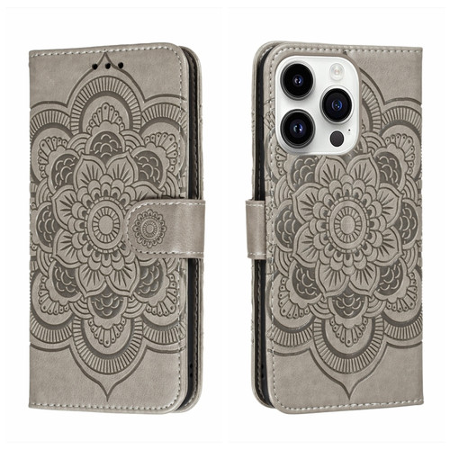 iPhone 14 Pro Sun Mandala Embossing Leather Phone Case - Grey