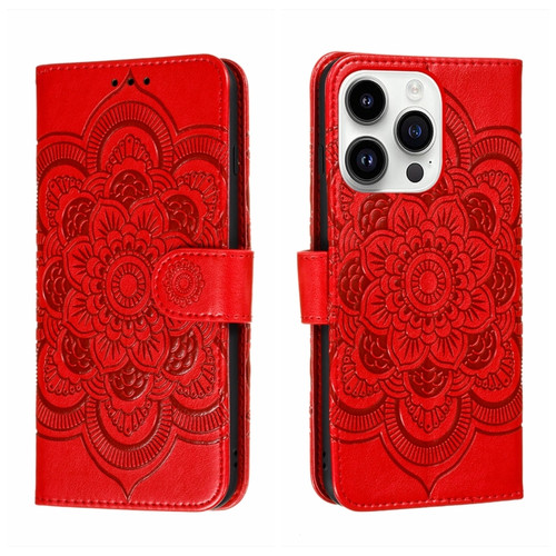 iPhone 14 Pro Sun Mandala Embossing Leather Phone Case - Red