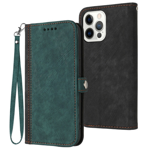 iPhone 14 Pro Side Buckle Double Fold Hand Strap Leather Phone Case - Dark Green