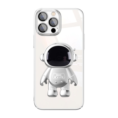 iPhone 14 Pro Electroplating PC Astronaut Holder Phone Case with Lens Film - Silver