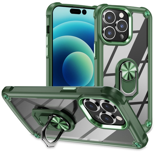 iPhone 14 Pro TPU + PC Lens Protection Phone Case with Ring Holder - Green