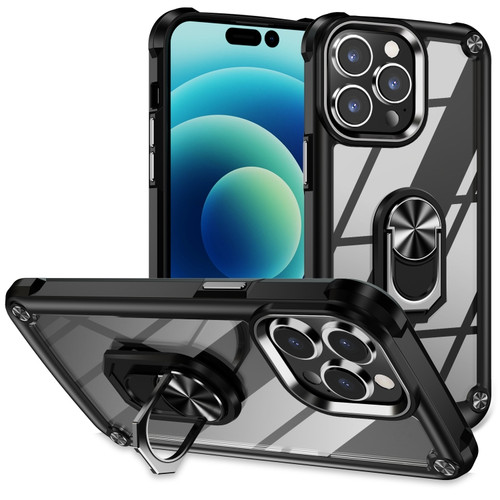 iPhone 14 Pro TPU + PC Lens Protection Phone Case with Ring Holder - Black
