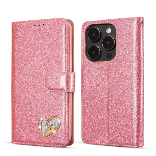 iPhone 14 Pro Glitter Powder Love Leather Phone Case - Rose Red