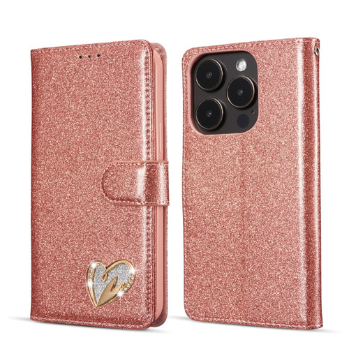 iPhone 14 Pro Glitter Powder Love Leather Phone Case - Pink