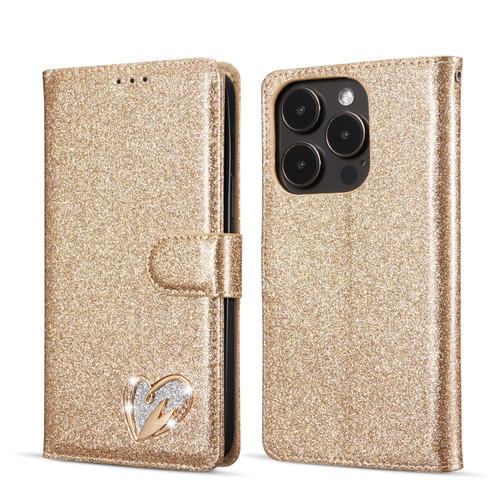 iPhone 14 Pro Glitter Powder Love Leather Phone Case - Gold