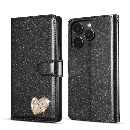 iPhone 14 Pro Glitter Powder Love Leather Phone Case - Black
