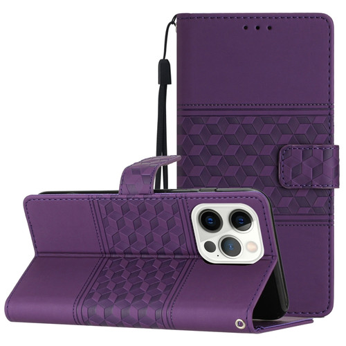 iPhone 14 Pro Diamond Embossed Skin Feel Leather Phone Case with Lanyard - Purple