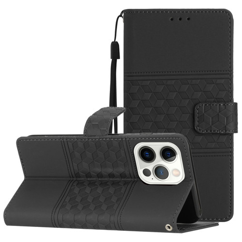 iPhone 14 Pro Diamond Embossed Skin Feel Leather Phone Case with Lanyard - Black