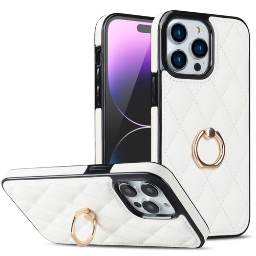 iPhone 14 Pro Rhombic PU Leather Phone Case with Ring Holder - White