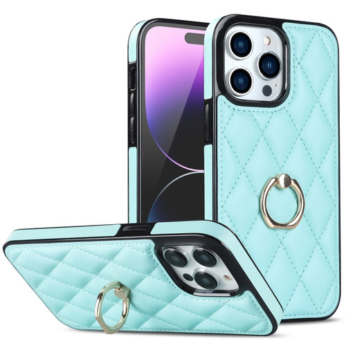 iPhone 14 Pro Rhombic PU Leather Phone Case with Ring Holder - Blue