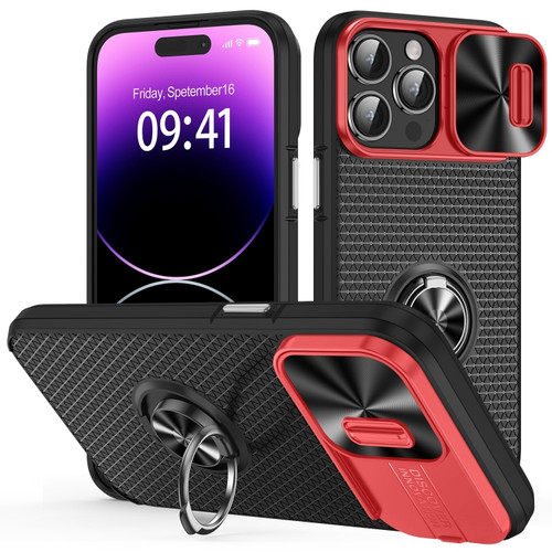 iPhone 14 Pro Sliding Camshield Armor Phone Case with Ring Holder - Red Black