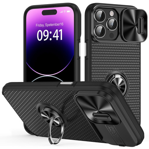 iPhone 14 Pro Sliding Camshield Armor Phone Case with Ring Holder - Black