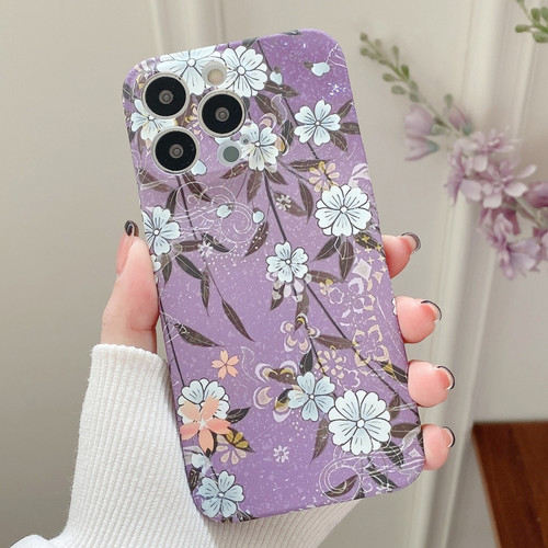 iPhone 14 Pro Water Sticker Flower Pattern PC Phone Case - Purple Backgroud White Flower