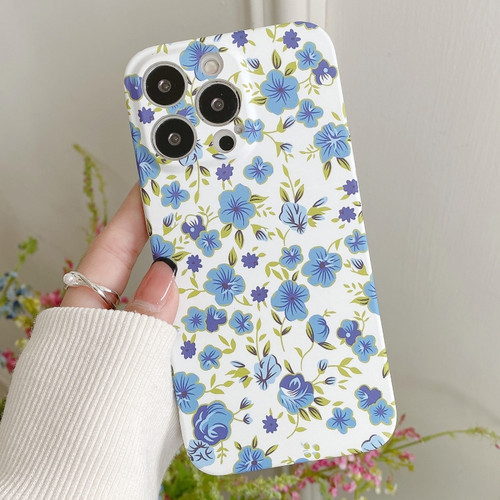iPhone 14 Pro Water Sticker Flower Pattern PC Phone Case - White Backgroud Blue Flower