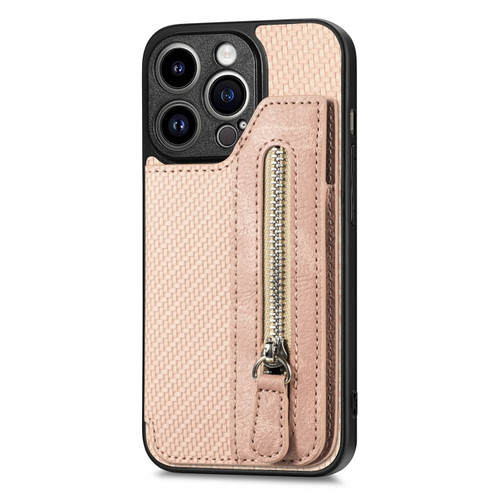 iPhone 14 Pro Carbon Fiber Horizontal Flip Zipper Wallet Phone Case - Khaki