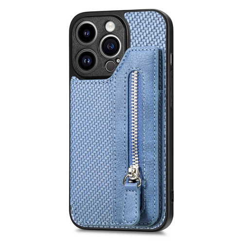 iPhone 14 Pro Carbon Fiber Horizontal Flip Zipper Wallet Phone Case - Blue