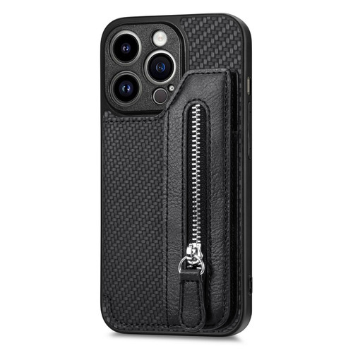 iPhone 14 Pro Carbon Fiber Horizontal Flip Zipper Wallet Phone Case - Black