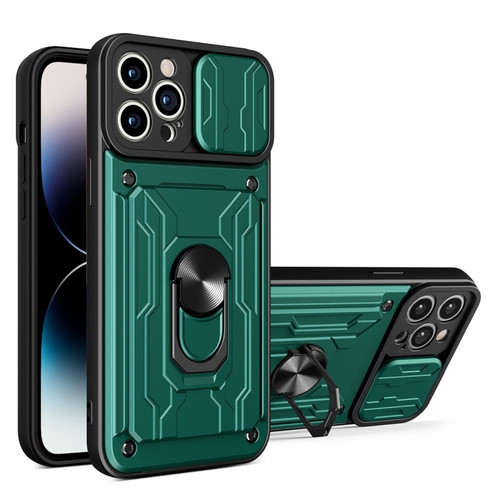 iPhone 14 Pro Sliding Camshield TPU+PC Phone Case with Card Slot  - Dark Green