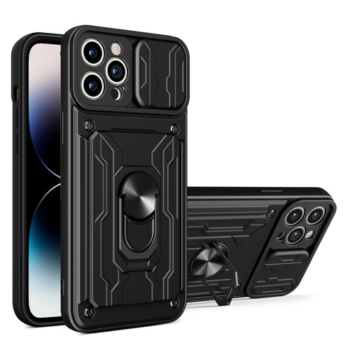 iPhone 14 Pro Sliding Camshield TPU+PC Phone Case with Card Slot  - Black