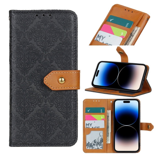 iPhone 14 Pro European Floral Embossed Copper Buckle Horizontal Flip PU Leather Phone Case  - Black