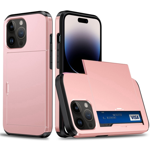 iPhone 14 Pro Shockproof Armor Protective Phone Case with Slide Card Slot  - Rose Gold