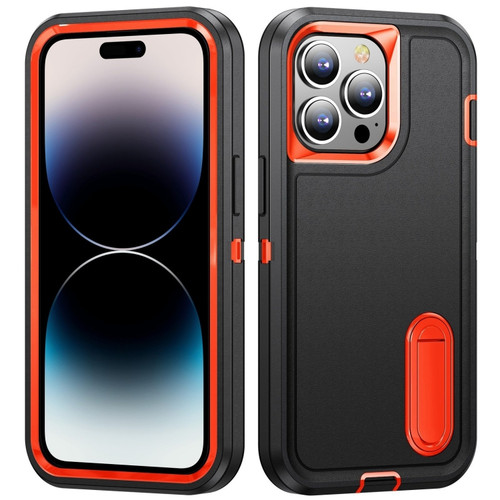 iPhone 14 Pro 3 in 1 Rugged Holder Phone Case  - Black + Orange