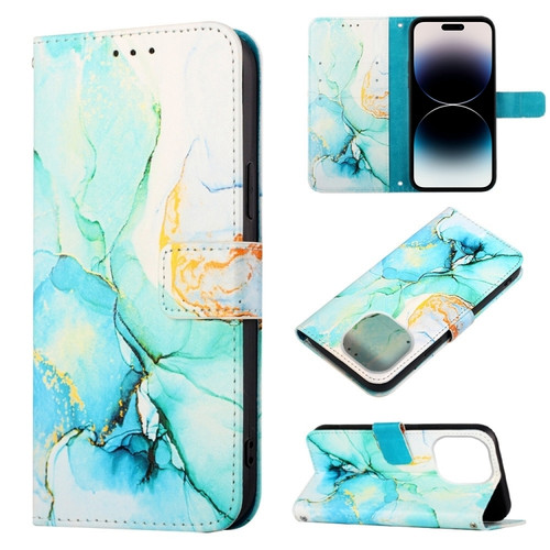 iPhone 14 Pro Marble Pattern Flip Leather Phone Case - Green LS003