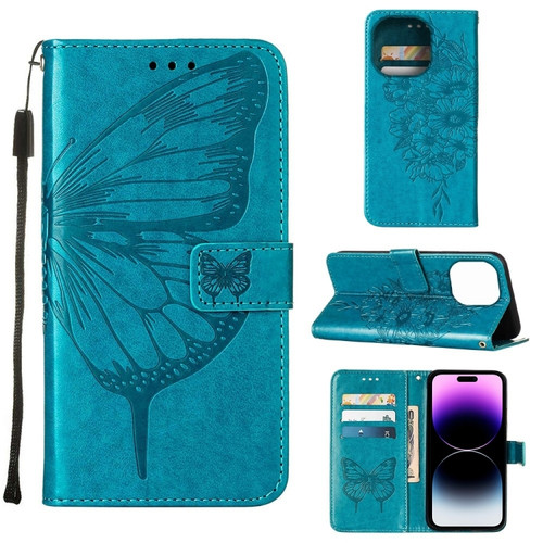 iPhone 14 Pro Embossed Butterfly Leather Phone Case  - Blue