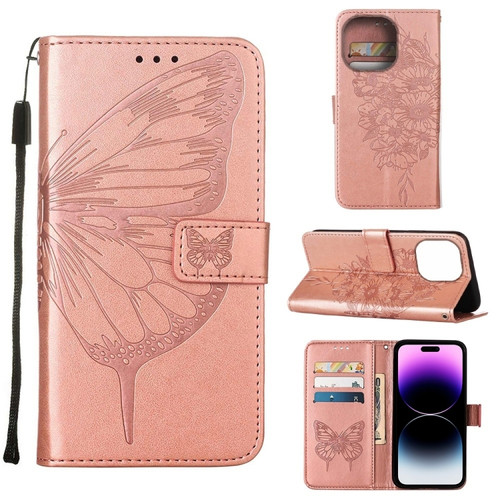 iPhone 14 Pro Embossed Butterfly Leather Phone Case  - Rose Gold