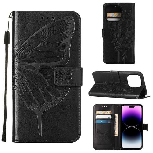 iPhone 14 Pro Embossed Butterfly Leather Phone Case  - Black