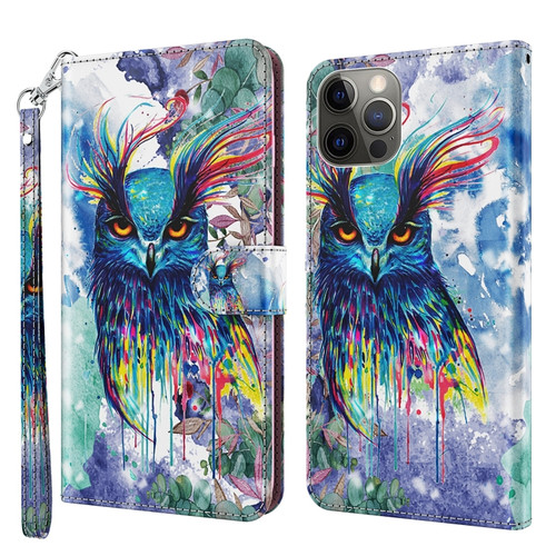 iPhone 14 Pro 3D Painting Pattern Flip Leather Phone Case  - Watercolor Owl