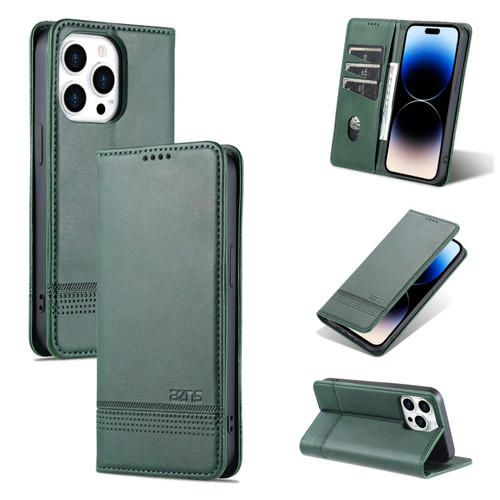 iPhone 14 Pro AZNS Magnetic Calf Texture Flip Leather Phone Case - Dark Green